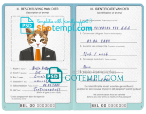Belgium cat (animal, pet) passport PSD template, fully editable