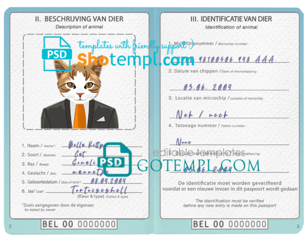 Belgium cat (animal, pet) passport PSD template, fully editable