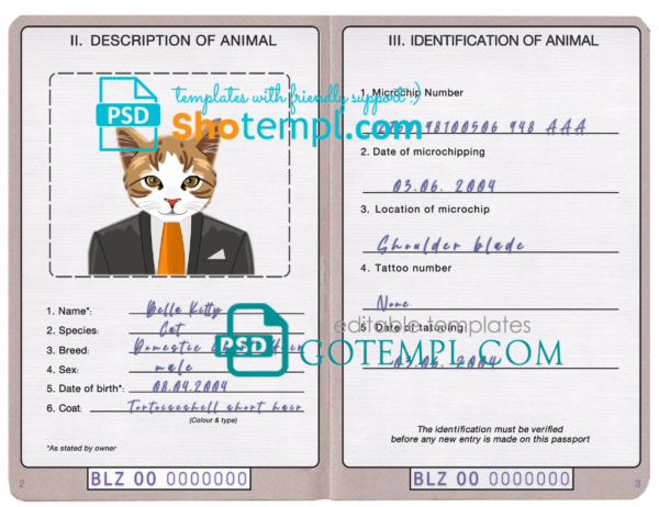 Belize cat (animal, pet) passport PSD template, fully editable