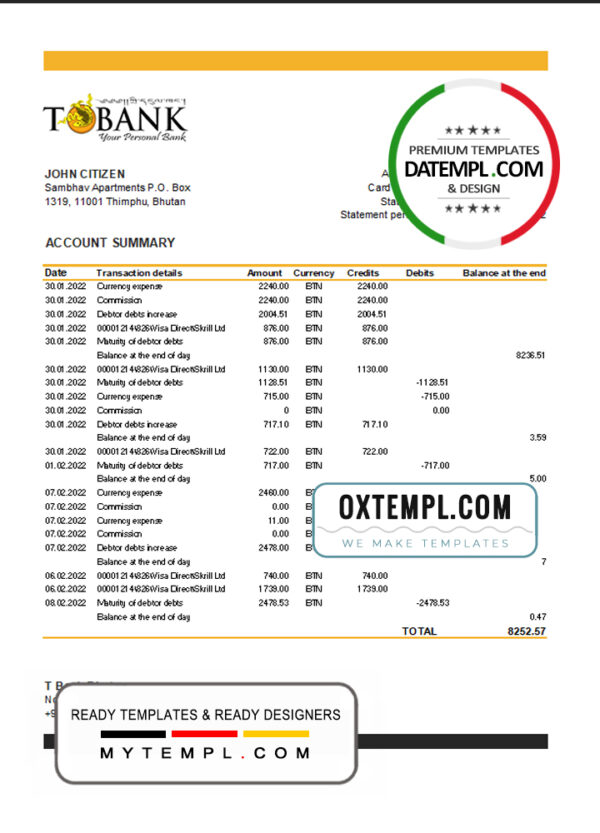 Bhutan T Bank Statement template in Excel and PDF format