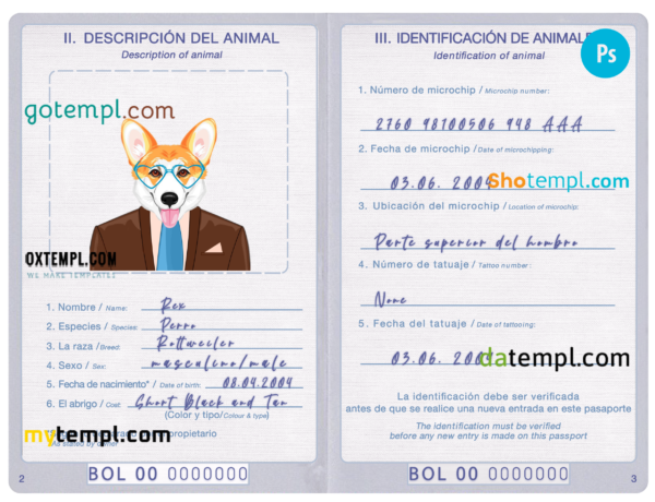 Bolivia dog (animal, pet) passport PSD template, fully editable