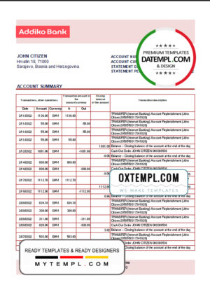 Bosnia and Herzegovina Addiko Bank statement template in Excel and PDF format (autosum)