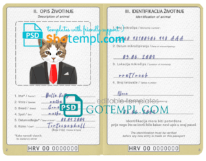 Bosnia and Herzegovina cat (animal, pet) passport PSD template, fully editable