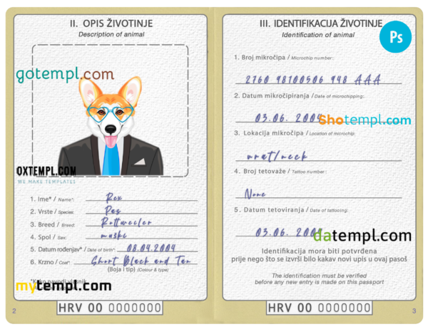 Bosnia and Herzegovina dog (animal, pet) passport PSD template, fully editable