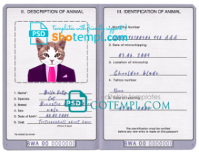 Botswana cat (animal, pet) passport PSD template, fully editable