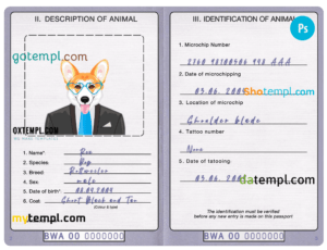 Botswana dog (animal, pet) passport PSD template, fully editable