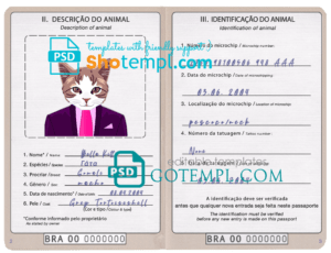 Brazil cat (animal, pet) passport PSD template, completely editable