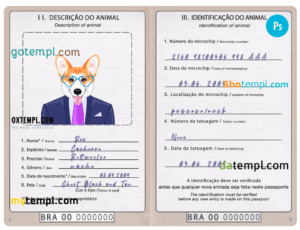 Brazil dog (animal, pet) passport PSD template, completely editable