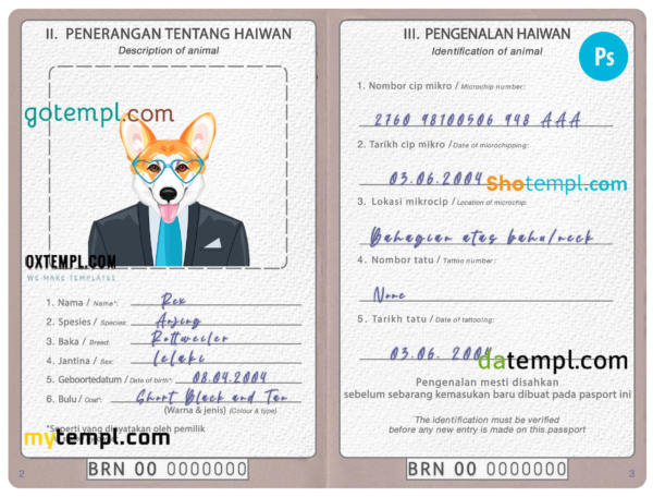Brunei dog (animal, pet) passport PSD template, completely editable