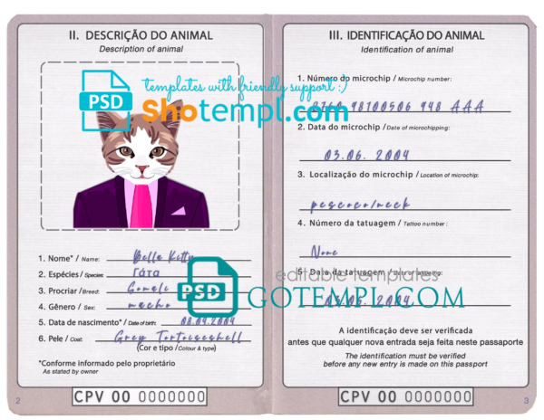 Cabo Verde cat (animal, pet) passport PSD template, fully editable