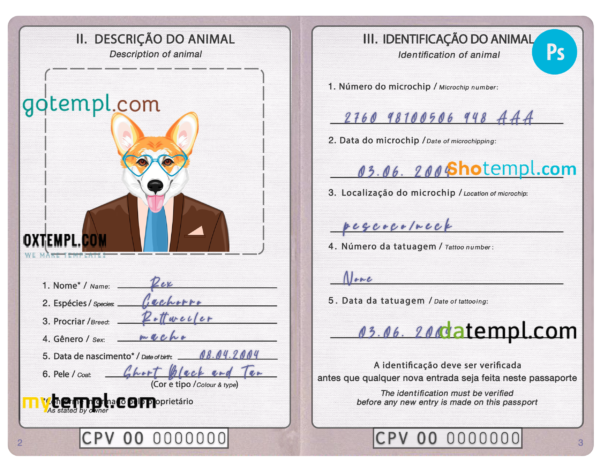 Cabo Verde dog (animal, pet) passport PSD template, fully editable