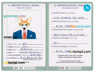 Cameroon dog (animal, pet) passport PSD template, fully editable