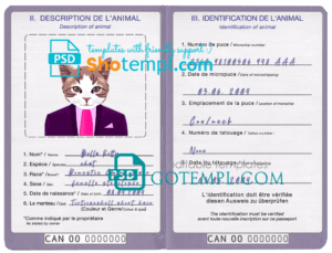 Canada cat (animal, pet) passport template in PSD format, fully editable