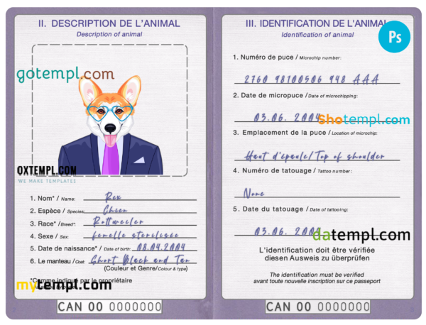 Canada dog (animal, pet) passport PSD template, fully editable