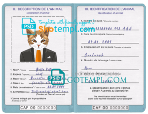 Central African Republic cat (animal, pet) passport PSD template, completely editable