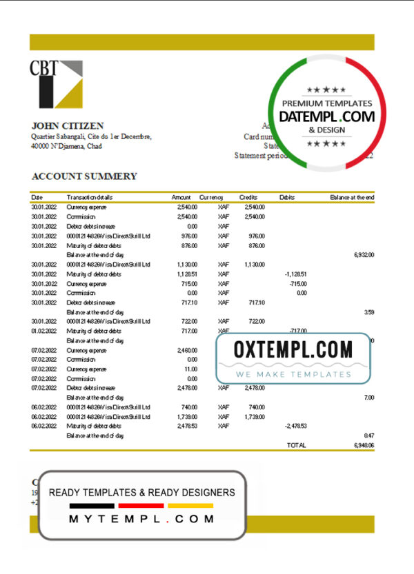 Chad Commercial Bank of Tchad bank statement Excel and PDF template, fully editable (AutoSum)