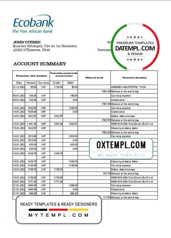 Chad Ecobank bank statement Excel and PDF template, completely editable (AutoSum)