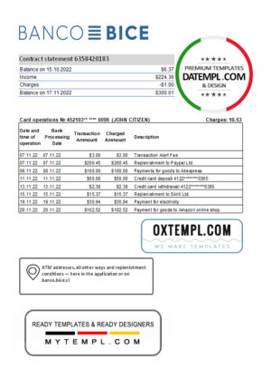 Chile Banco Bice bank statement Excel and PDF template (AutoSum)