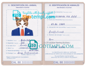 Chile cat (animal, pet) passport PSD template, completely editable