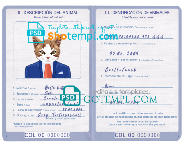 Colombia cat (animal, pet) passport PSD template, completely editable