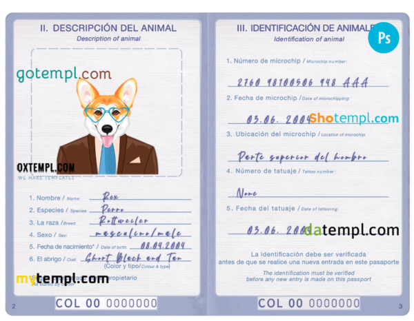 Colombia dog (animal, pet) passport PSD template, fully editable