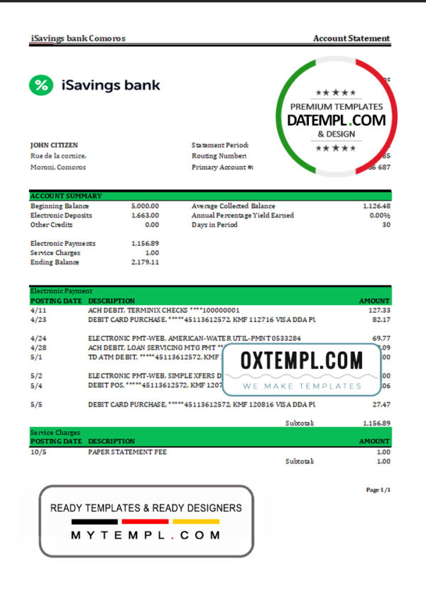 Comoros iSavings bank statement Excel and PDF template, completely editable (AutoSum)