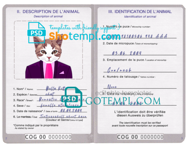Congo cat (animal, pet) passport PSD template, fully editable