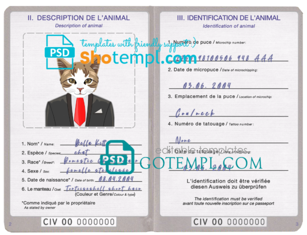 Côte d'Ivoire cat (animal, pet) passport PSD template, fully editable