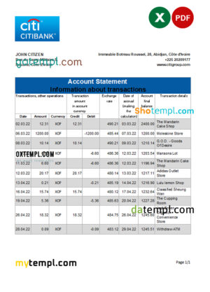 Cote d'Ivoire Citibank bank statement Excel and PDF template