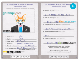 Côte d'Ivoire dog (animal, pet) passport PSD template, fully editable