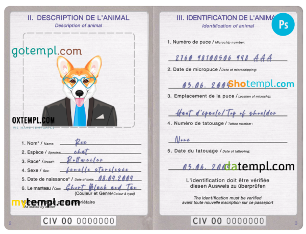 Côte d'Ivoire dog (animal, pet) passport PSD template, fully editable