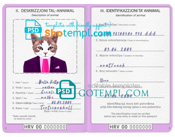 Croatia cat (animal, pet) passport PSD template, fully editable