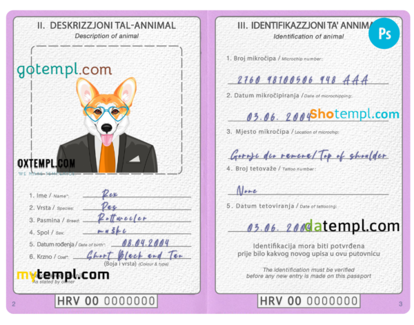 Croatia dog (animal, pet) passport PSD template, completely editable