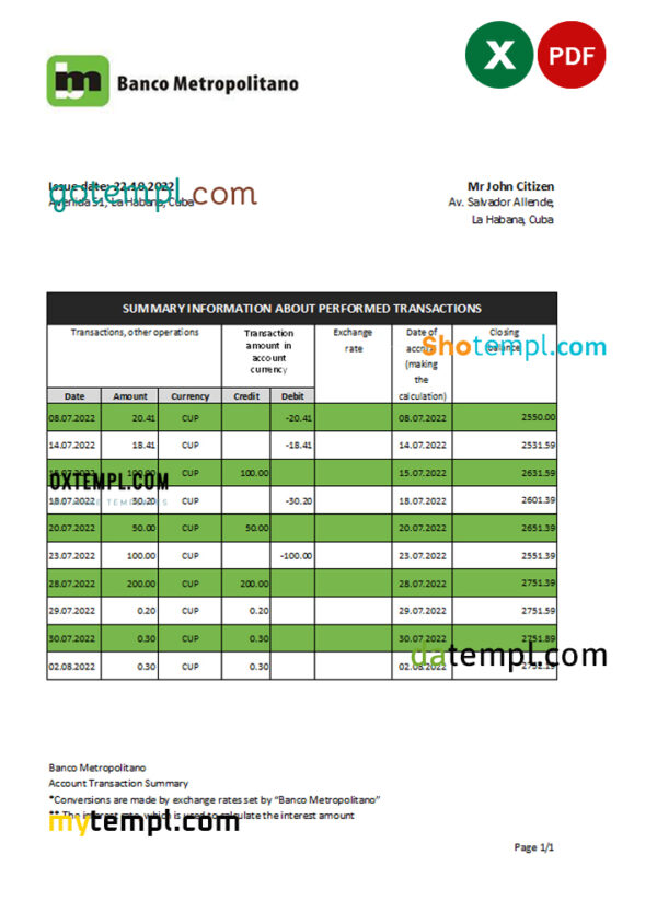 Cuba Banco Metropolitano bank statement Excel and PDF template