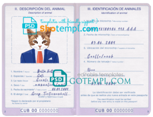 Cuba cat (animal, pet) passport PSD template, completely editable