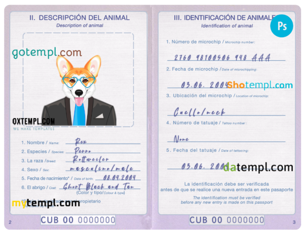 Cuba dog (animal, pet) passport PSD template, completely editable