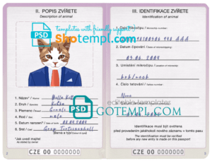 Czech Republic cat (animal, pet) passport PSD template, fully editable