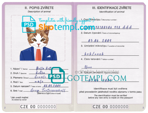 Czech Republic cat (animal, pet) passport PSD template, fully editable
