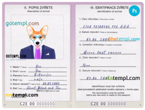 Czech Republic dog (animal, pet) passport PSD template, completely editable