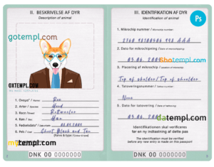 Denmark dog (animal, pet) passport PSD template, fully editable