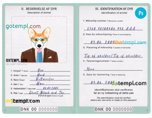 Denmark dog (animal, pet) passport PSD template, fully editable