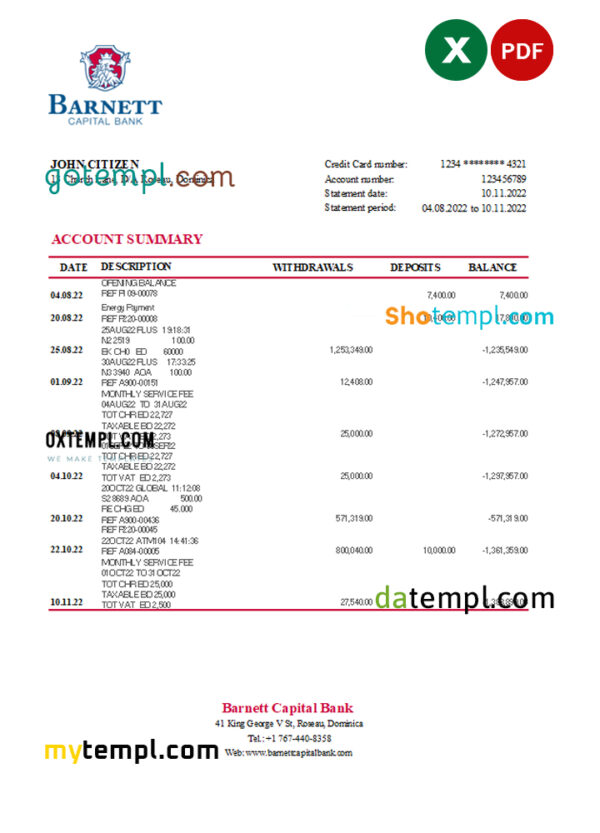 Dominica Barnett Capital Bank statement Excel and PDF template