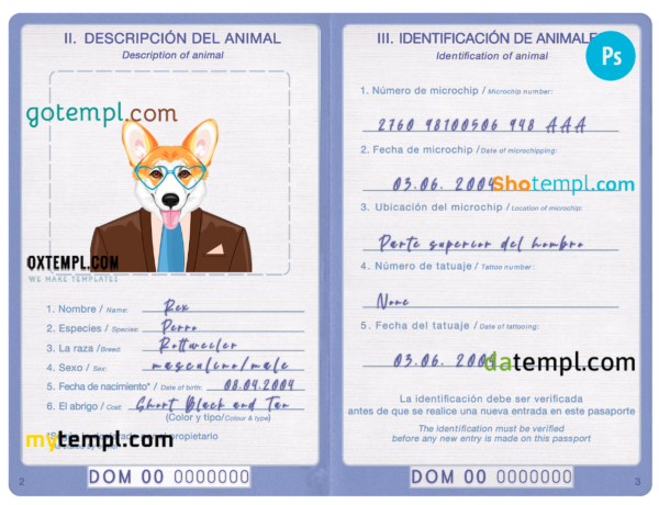 Dominican Republic dog (animal, pet) passport PSD template, fully editable