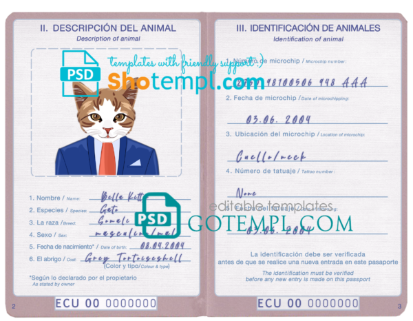 Ecuador cat (animal, pet) passport PSD template, completely editable