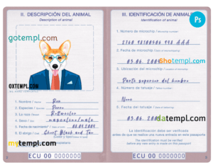 Ecuador dog (animal, pet) passport PSD template, fully editable