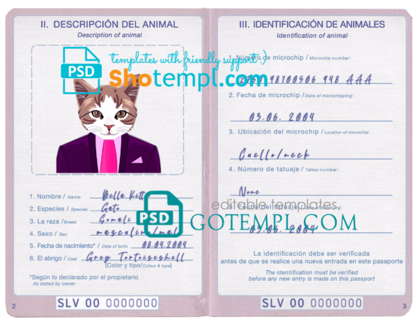 El Salvador cat (animal, pet) passport PSD template, fully editable