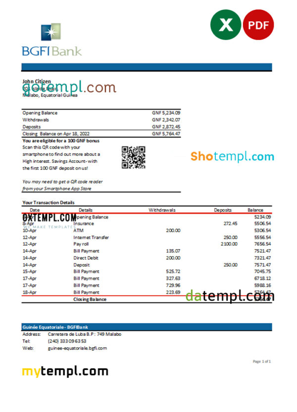 Equatorial Guinea BGFI Bank Statement Excel and PDF template