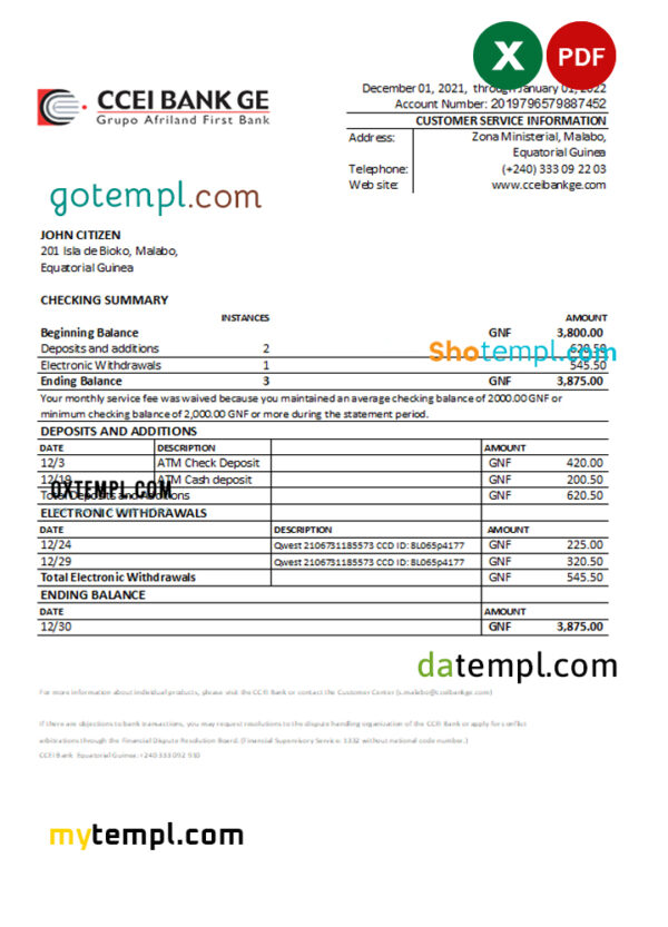 Equatorial Guinea CCEI Bank statement Excel and PDF template
