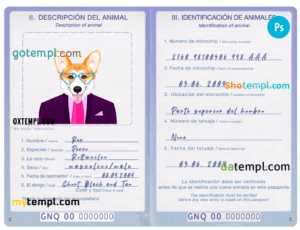 Equatorial Guinea dog (animal, pet) passport PSD template, fully editable