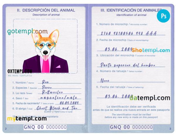 Equatorial Guinea dog (animal, pet) passport PSD template, fully editable